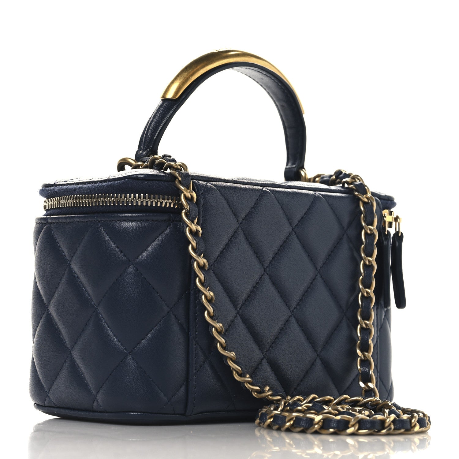 Chanel Lambskin Quilted Metal Small Top Handle Vanity Case With Chain Blue
