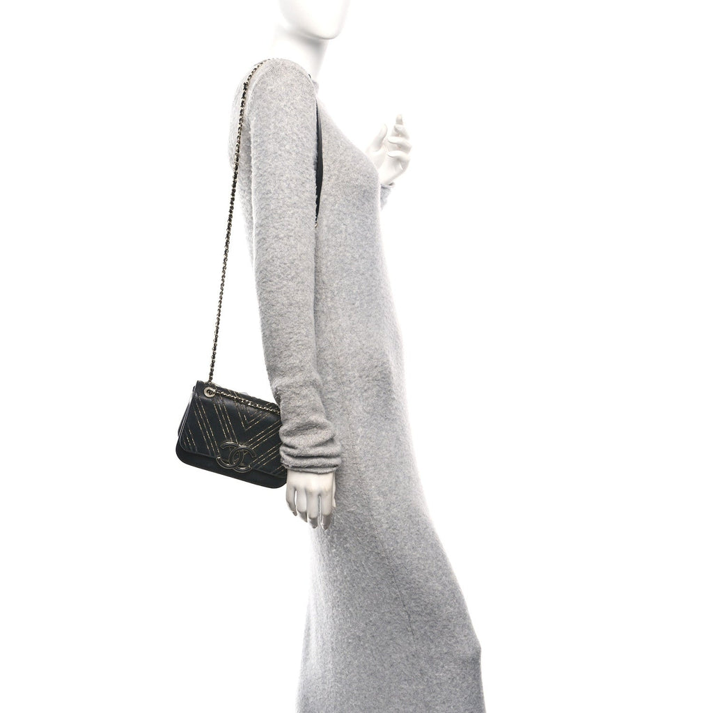 Chanel Calfskin Chevron Beaded Chain Mini Square Flap Black