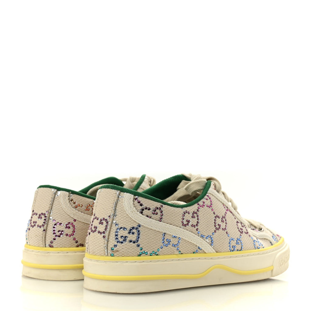 Gucci Canvas Lame Crystal GG Monogram Womens 1977 Tennis Sneakers 36 Gardenia Silver Mystic White