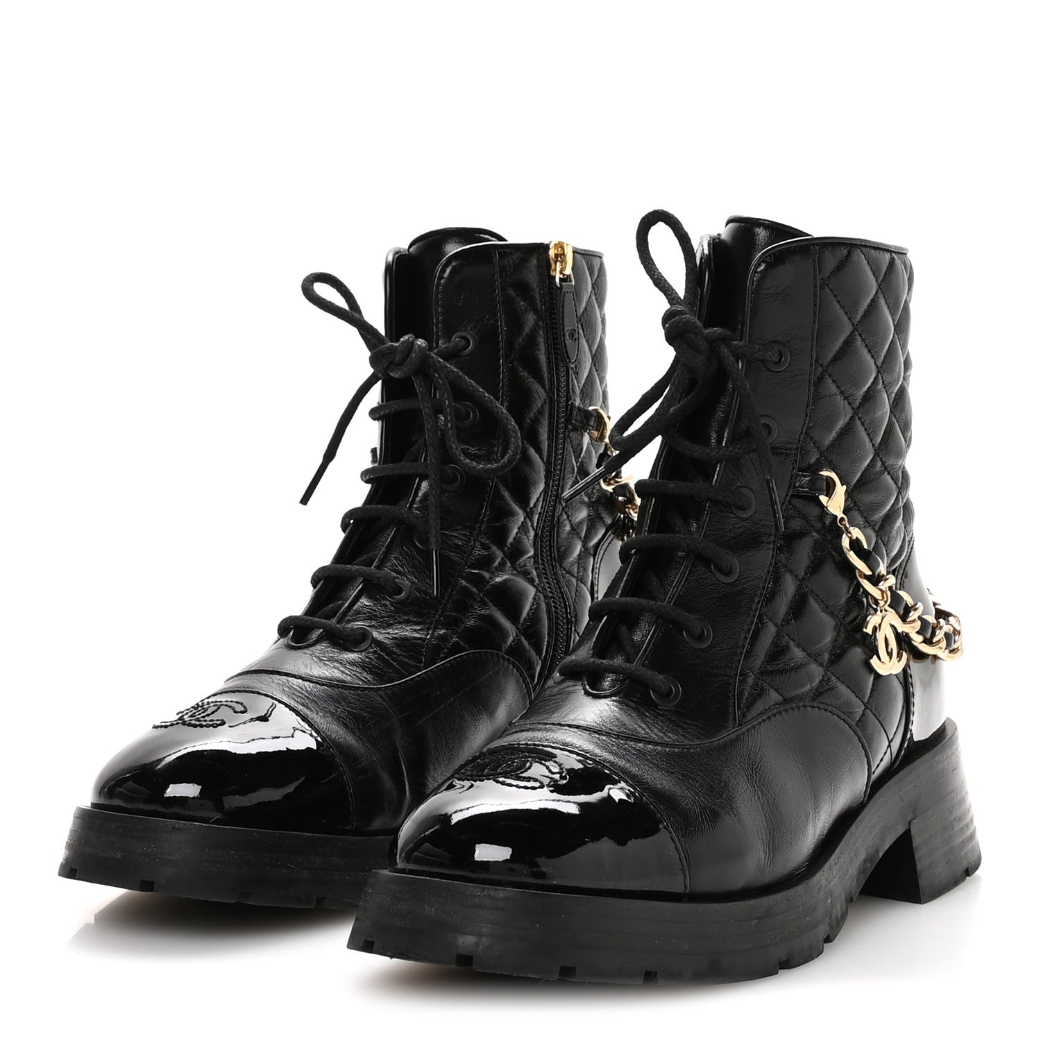 Chanel Shiny Calfskin Patent Quilted Chain Lace Up Combat Boots 40.5 Black