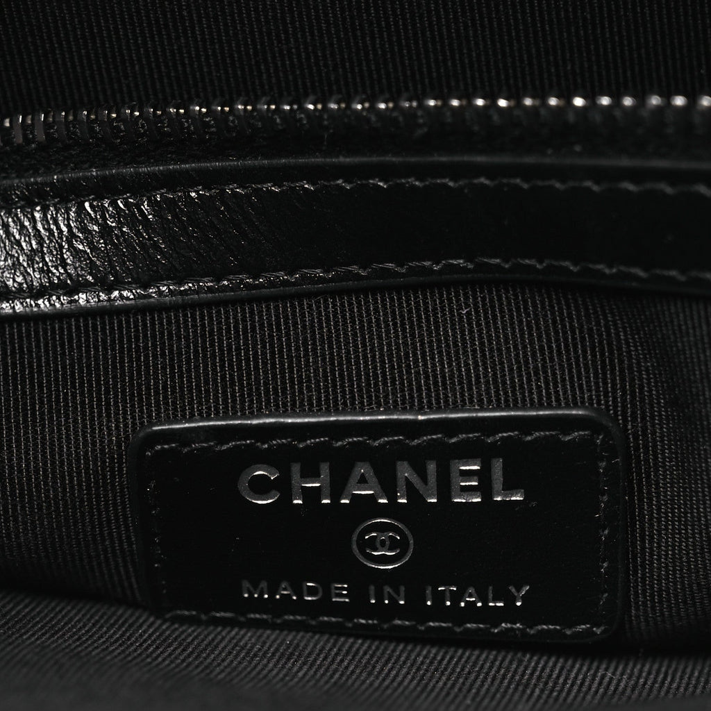 Chanel Shiny Calfskin Crystal Pearl Logo Cosmetic Case Black