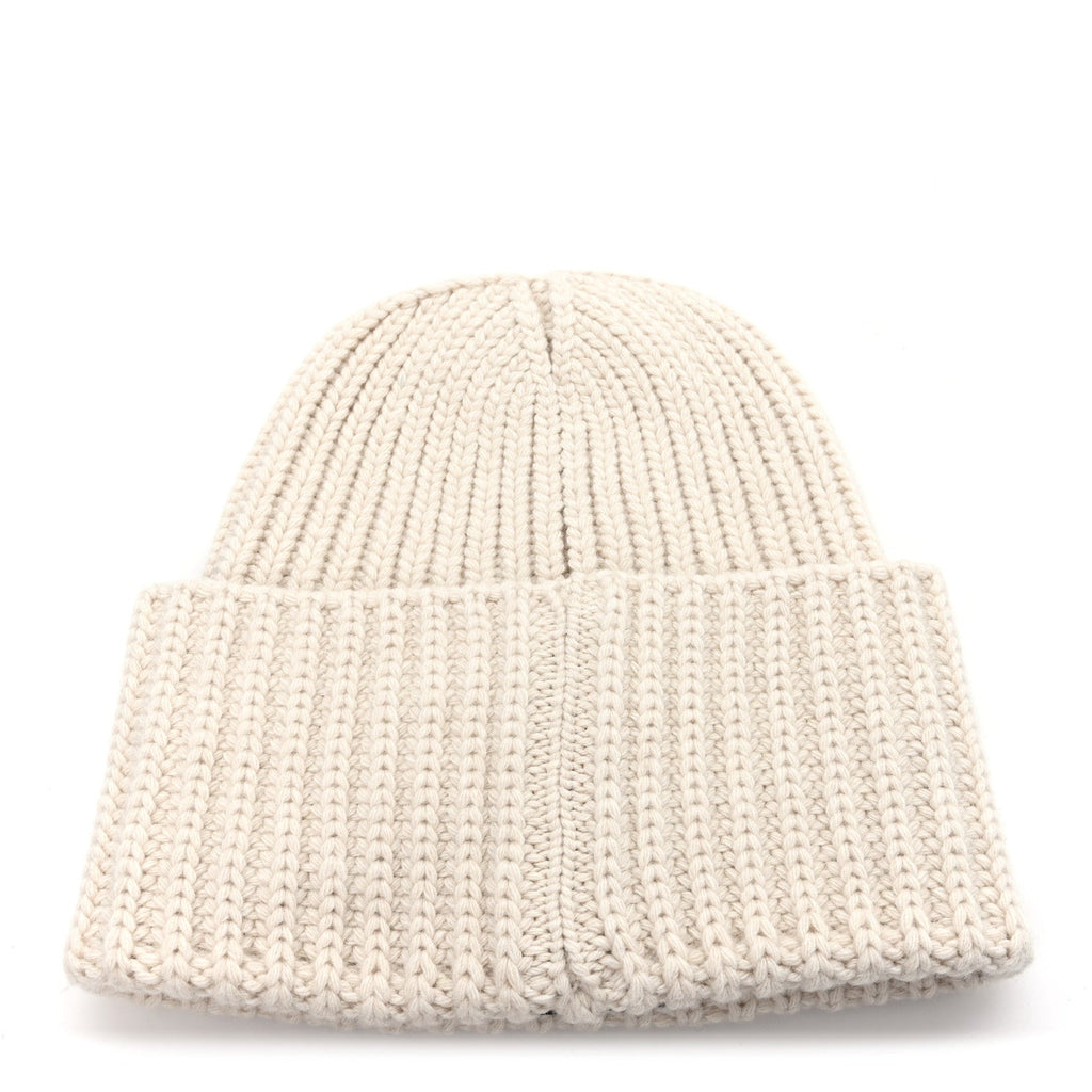 Chanel Wool Cashmere Sheepskin Shearling CC Patch Beanie Hat  Ecru Dark Beige