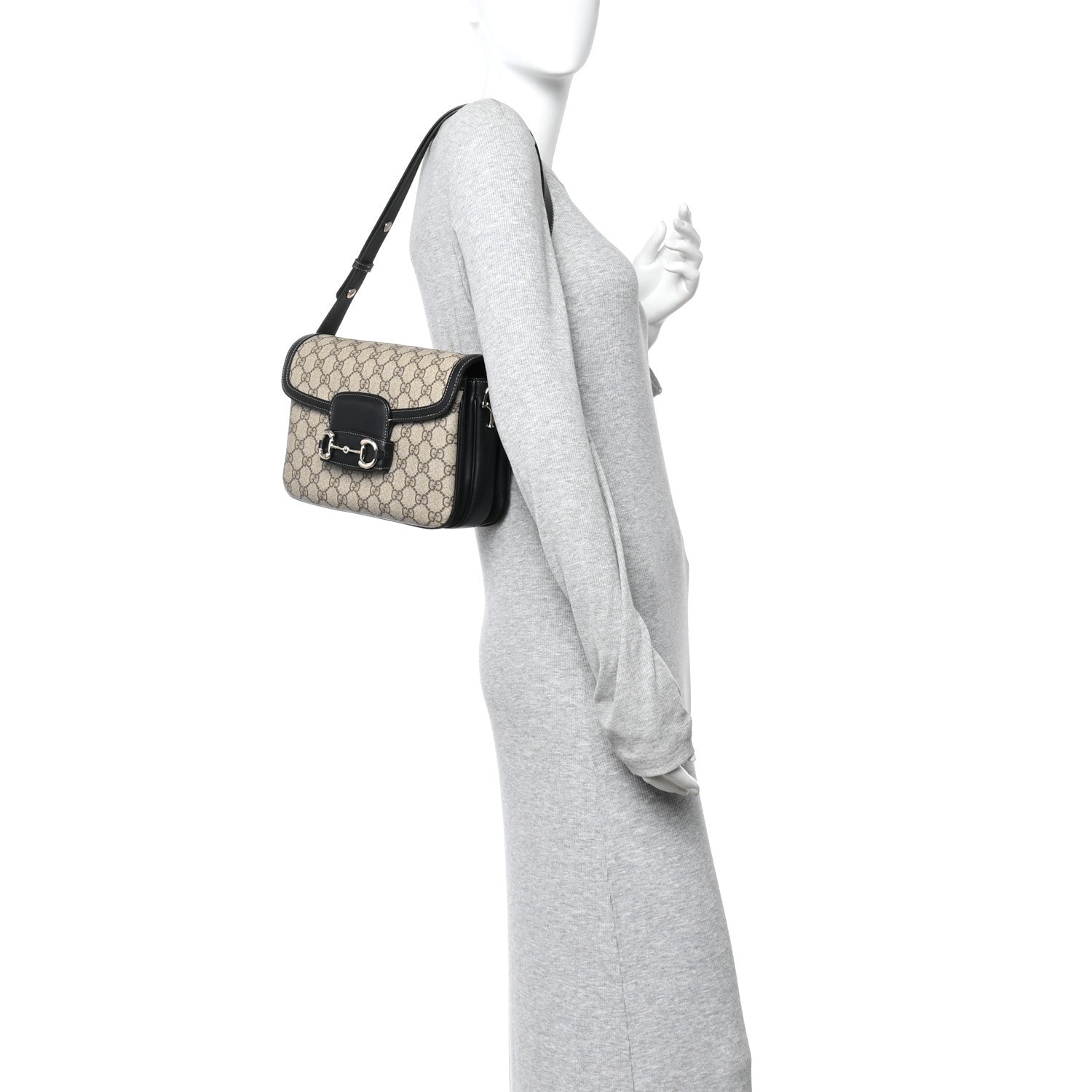 Gucci GG Supreme Monogram Horsebit 1955 Soft Small Shoulder Bag Beige Black
