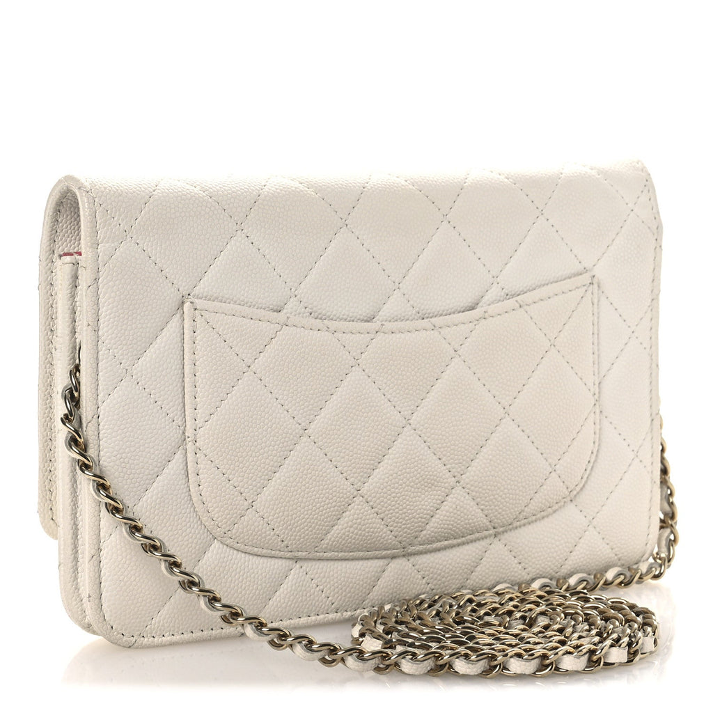 Chanel Caviar Quilted Perforated Metal CC Wallet On Chain WOC White