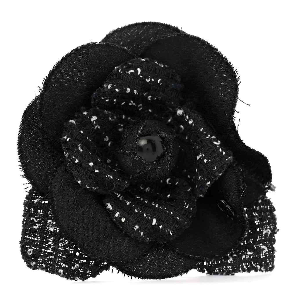 Chanel Tweed Camellia Pin Brooch Black White