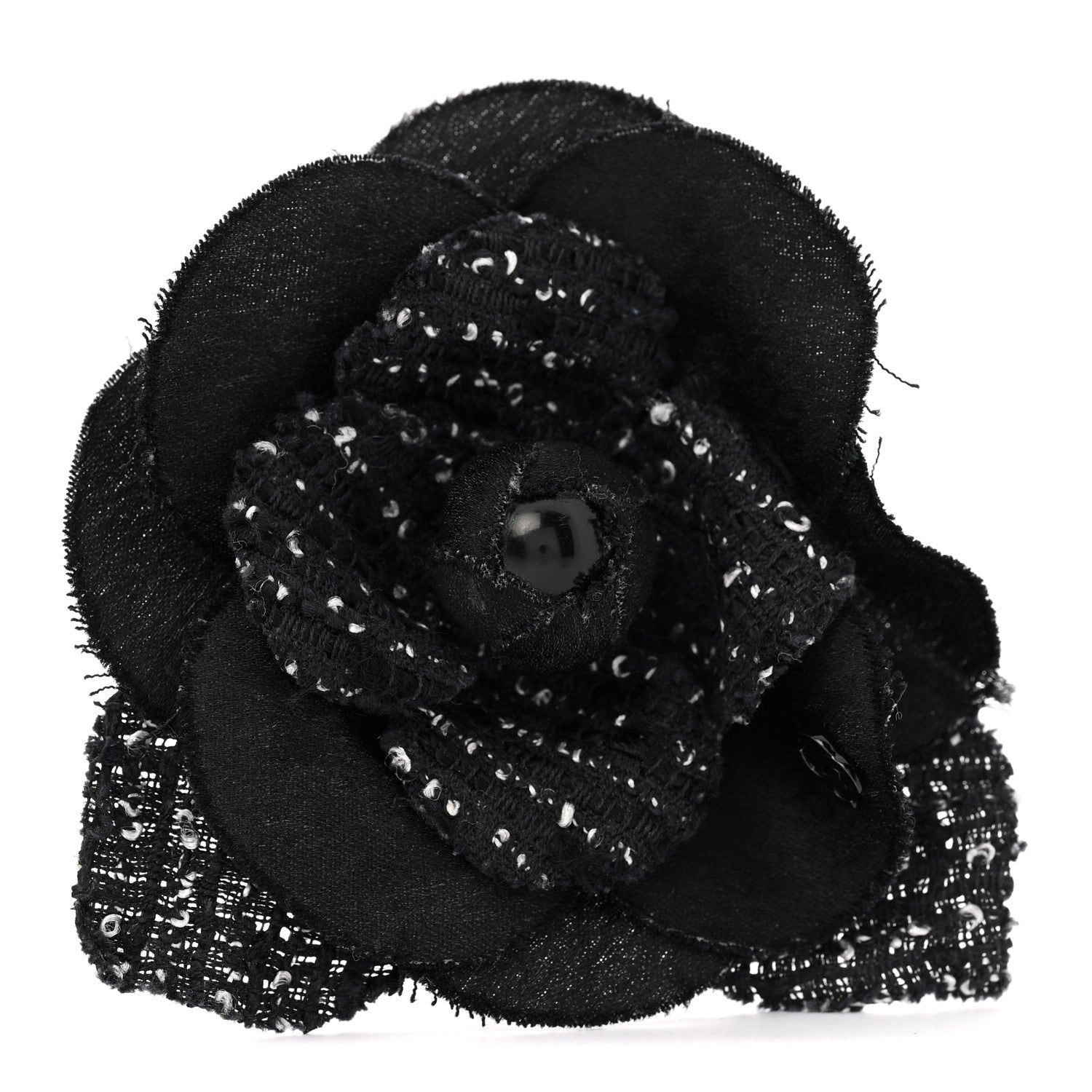 Chanel Tweed Camellia Pin Brooch Black White