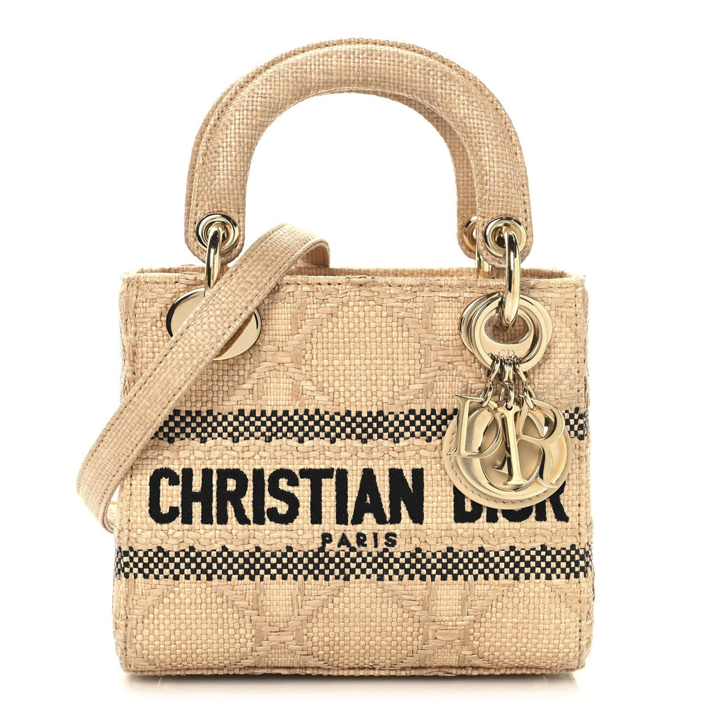 Christian Dior Raffia Woven Cannage Embroidered Mini Lady D-Lite Natural Black