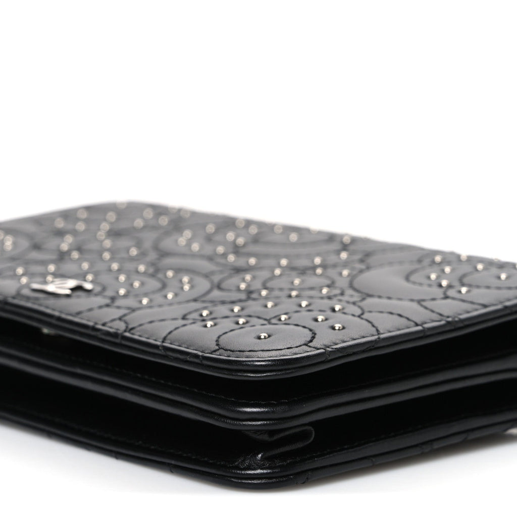 Chanel Lambskin Camellia Studded Wallet on Chain WOC Black