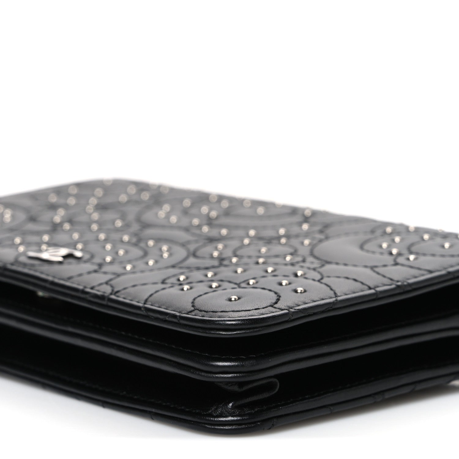 Chanel Lambskin Camellia Studded Wallet on Chain WOC Black