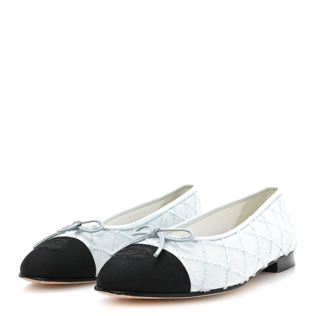 Denim Embroidered Grosgrain CC Cap Toe Ballerina Flats 38.5 Light Blue Black