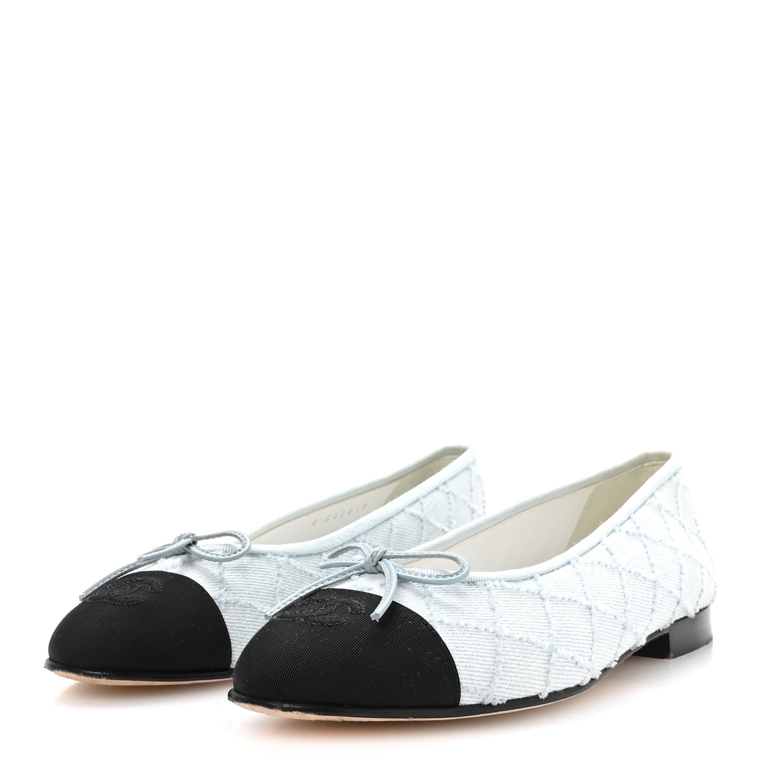 Denim Embroidered Grosgrain CC Cap Toe Ballerina Flats 38.5 Light Blue Black