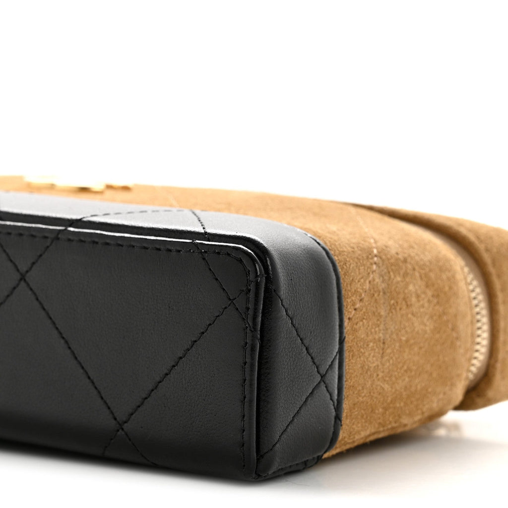 Chanel Suede Calfskin Shiny Lambskin Quilted Top Handle Slim Vanity Case With Chain Beige Black