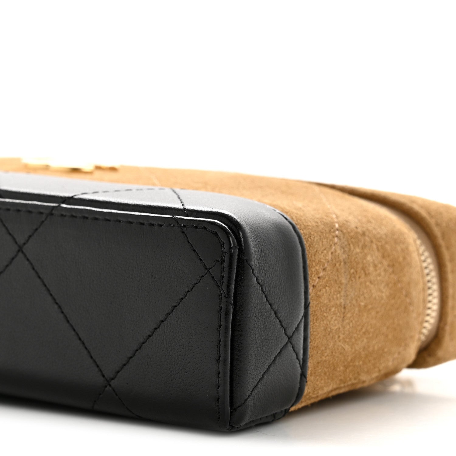 Chanel Suede Calfskin Shiny Lambskin Quilted Top Handle Slim Vanity Case With Chain Beige Black