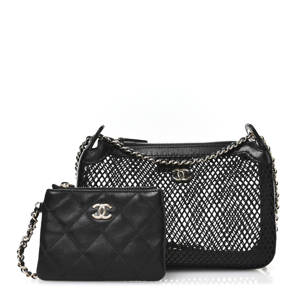 Chanel Mesh Shiny Lambskin Clutch With Chain Black