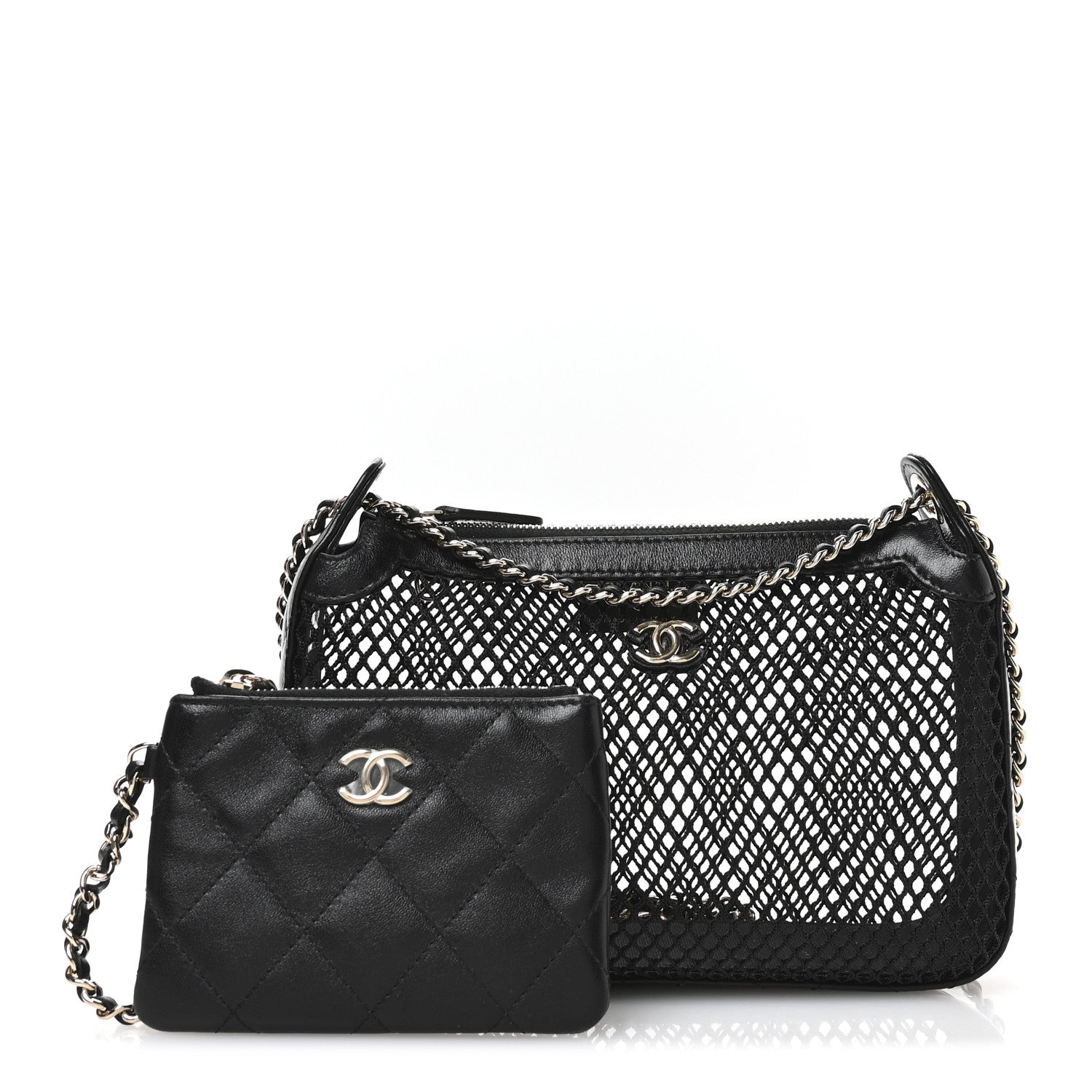 Chanel Mesh Shiny Lambskin Clutch With Chain Black