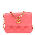 Chanel Shiny Lambskin Quilted Card Holder On Chain Pink