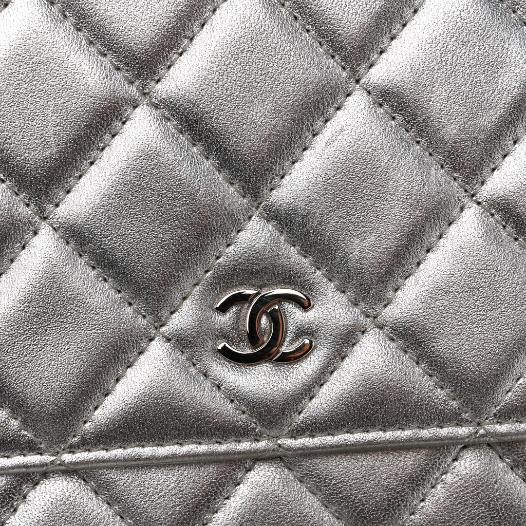 Chanel Metallic Lambskin Quilted Wallet On Chain WOC Silver