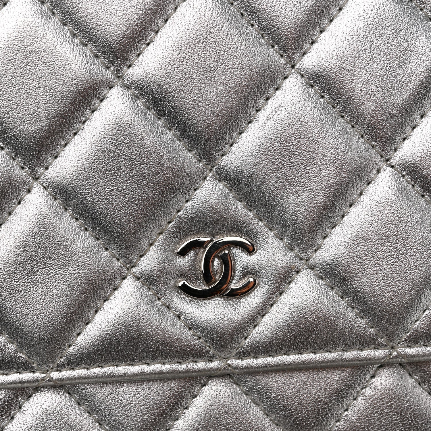 Chanel Metallic Lambskin Quilted Wallet On Chain WOC Silver