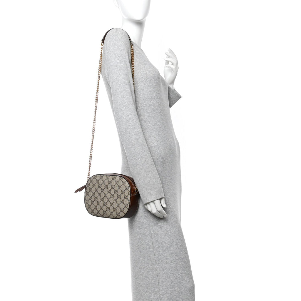 Gucci GG Supreme Monogram Cuoio Toscano Mini Chain Shoulder Bag Beige Ebony Cuir