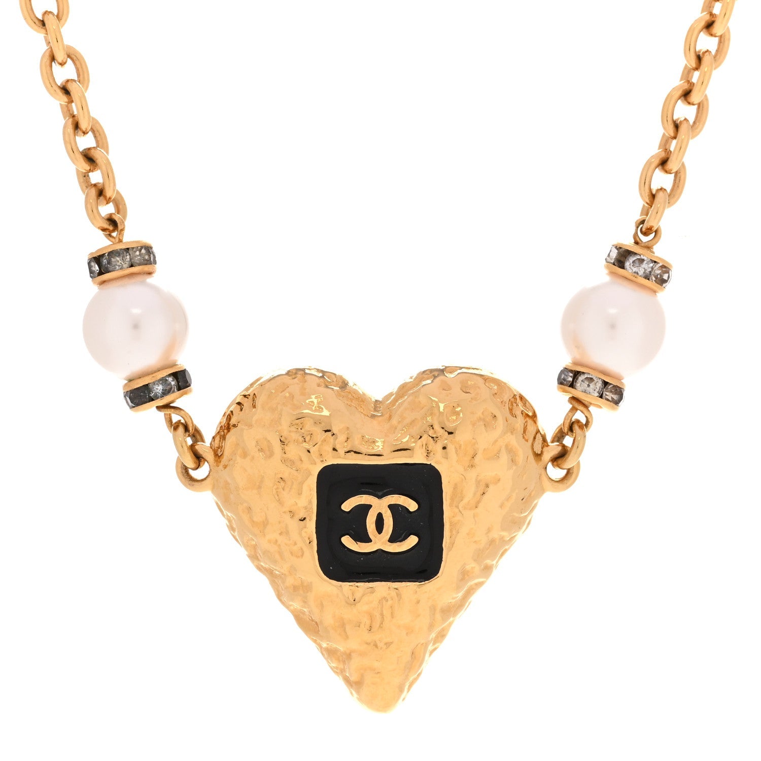 Resin Crystal Pearl Chain Heart CC Pendant Choker Necklace Black White Gold
