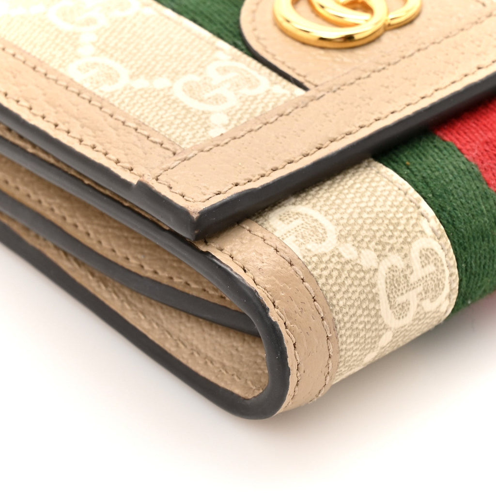 Gucci GG Supreme Monogram Textured Dollar Calfskin Web Ophidia Card Case Wallet Beige Mystic White Oatmeal