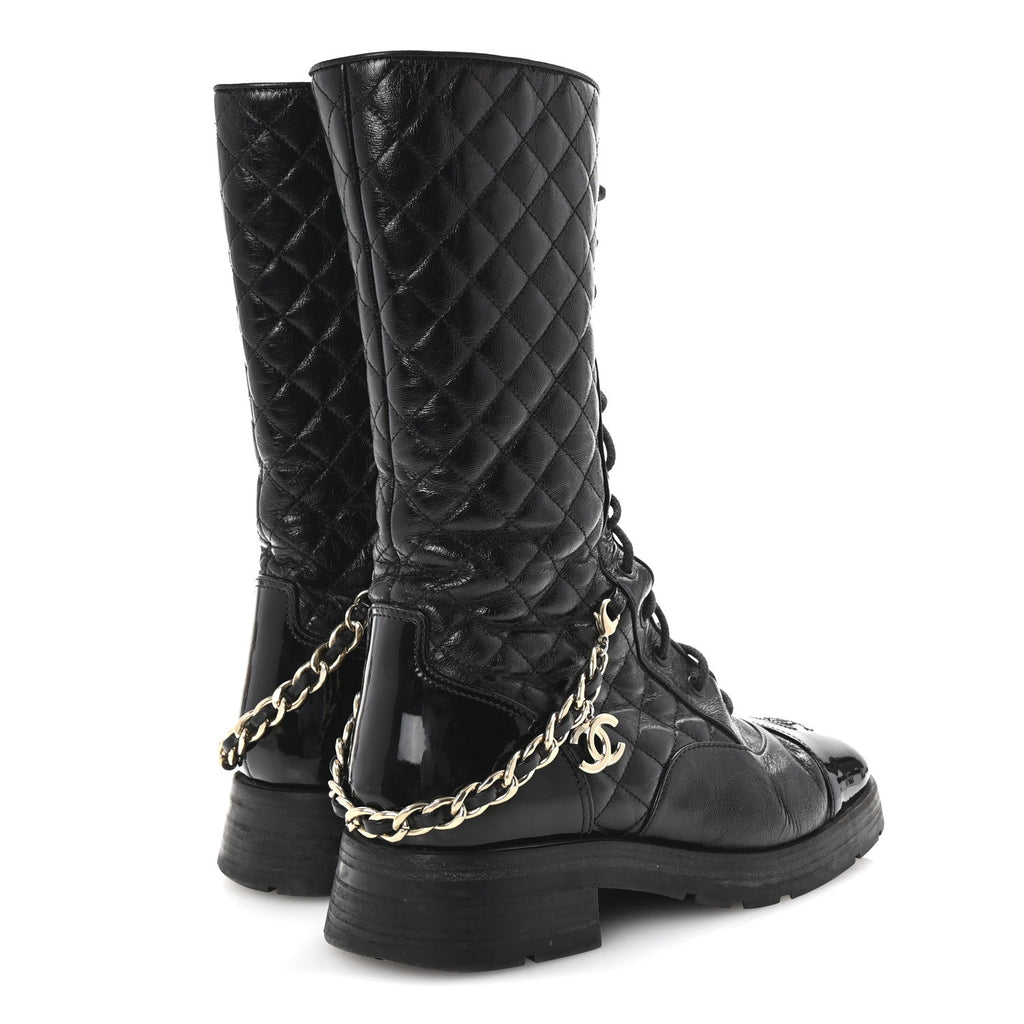 Chanel Shiny Calfskin Patent Quilted Chain Lace Up Combat Long Boots 38.5 Black