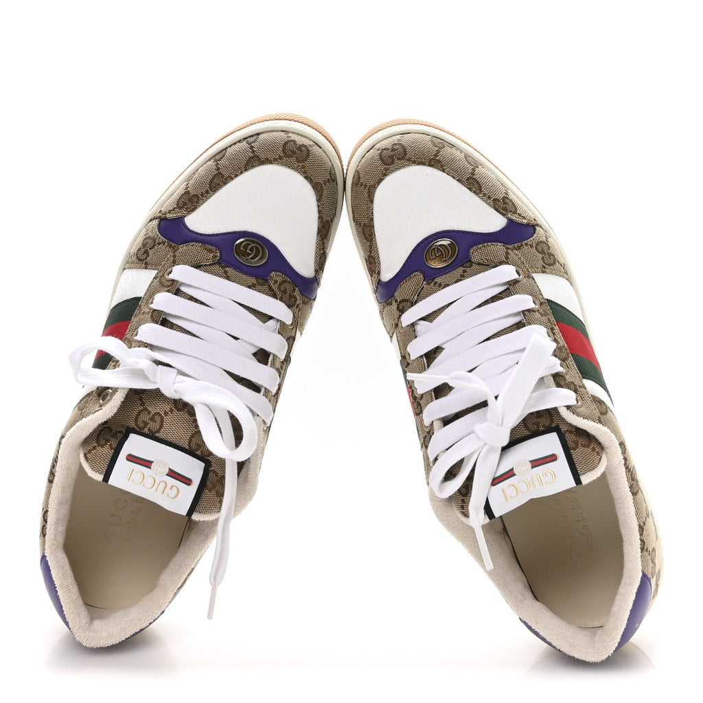Gucci GG Supereme Monogram Calfskin Web Mens Screener Sneakers 10 Beige Ebony White Shine Purple