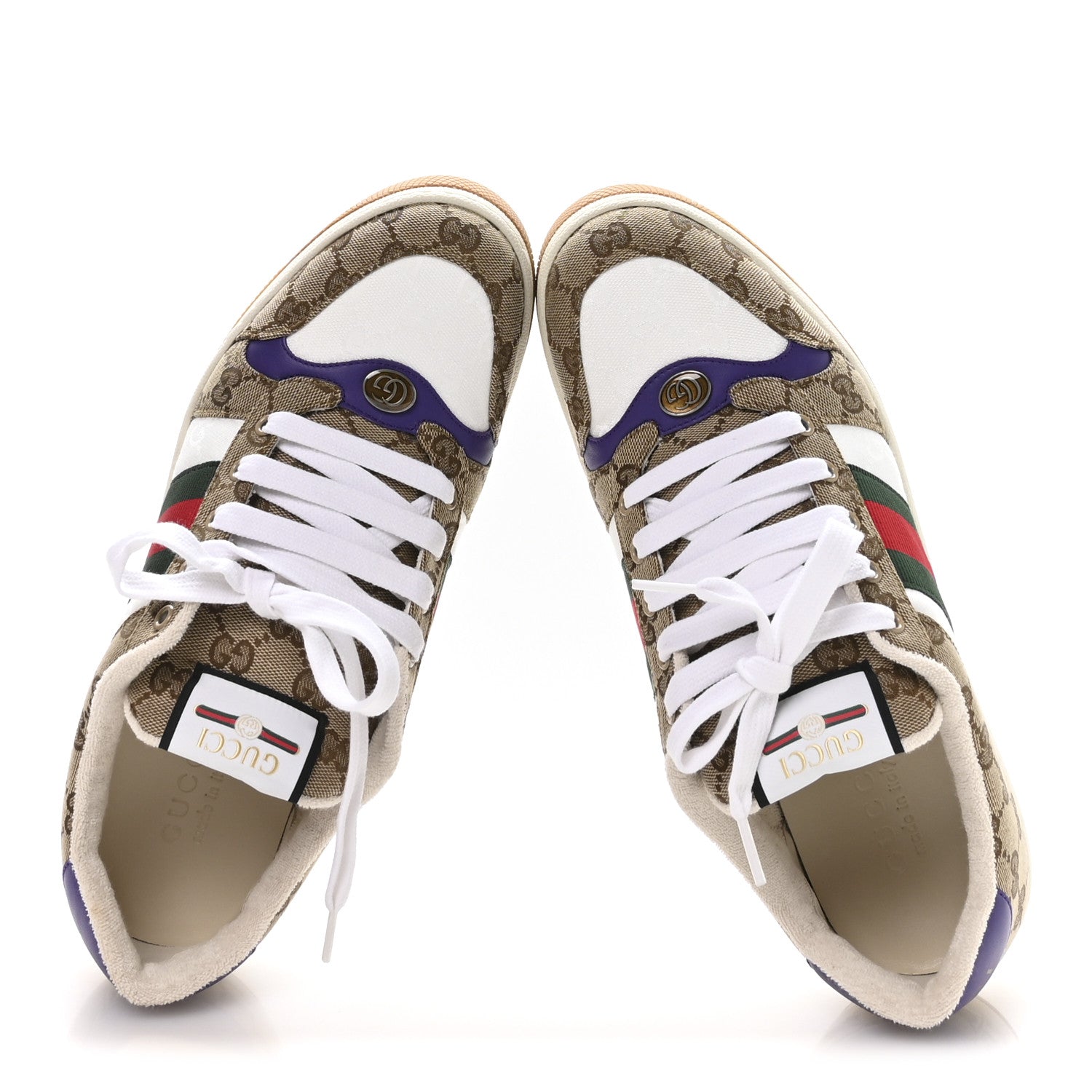 Gucci GG Supereme Monogram Calfskin Web Mens Screener Sneakers 10 Beige Ebony White Shine Purple