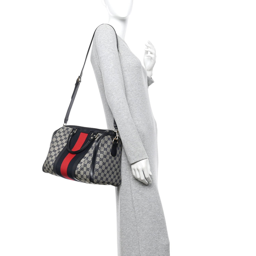 Gucci Monogram Selleria Calfskin Vintage Web Medium Boston Beige Blue