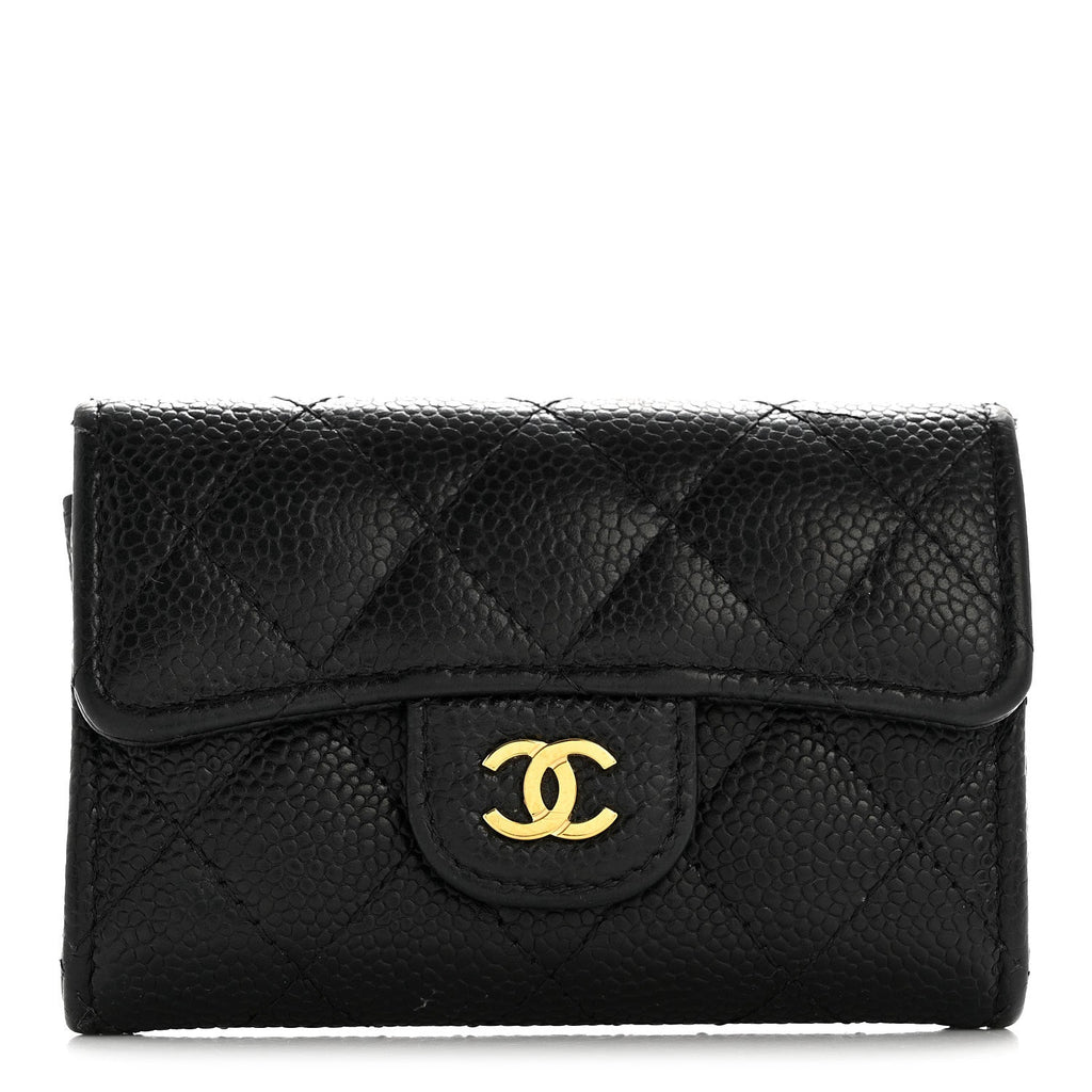Caviar Quilted Flap Card Holder Wallet Black