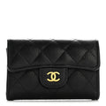 Caviar Quilted Flap Card Holder Wallet Black