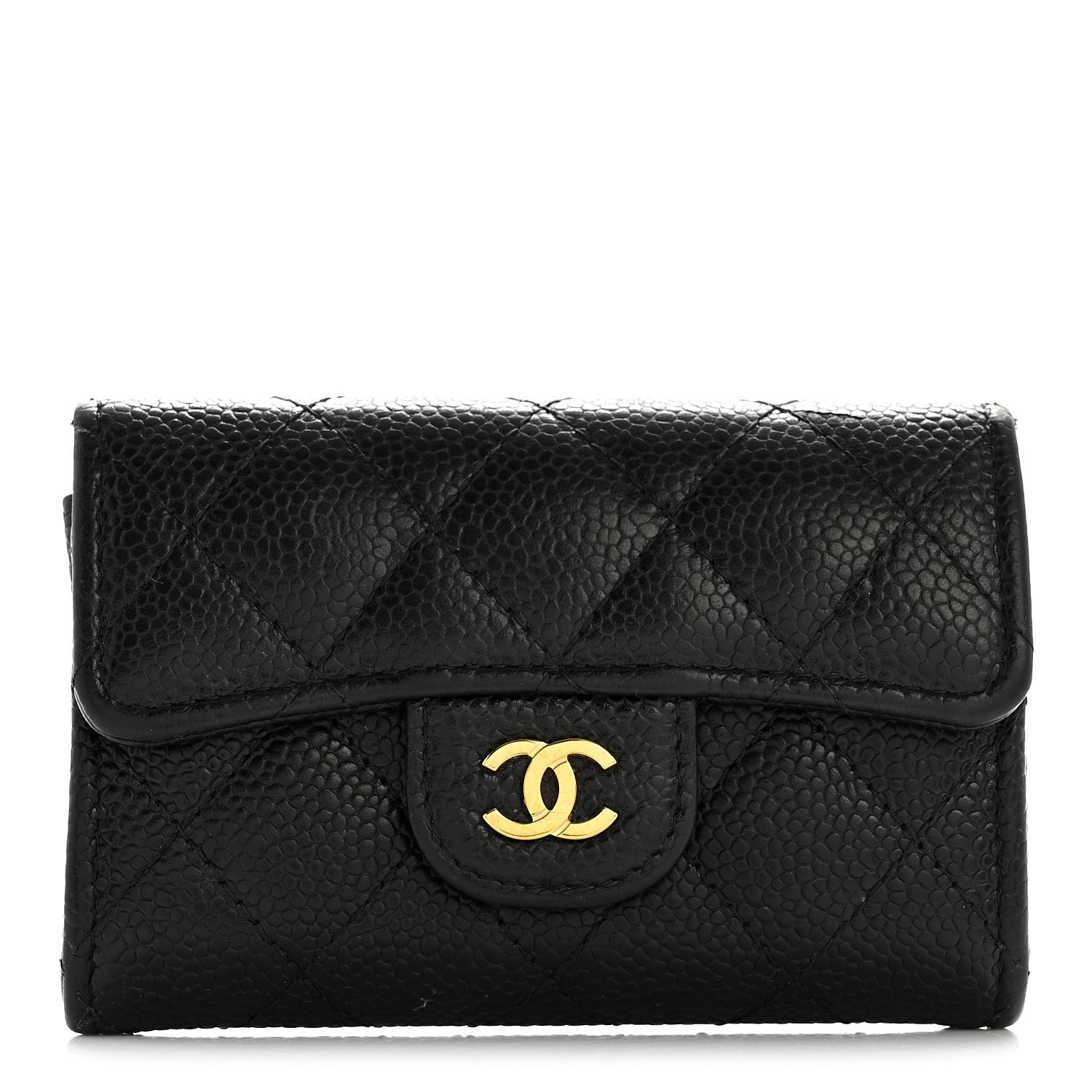 Caviar Quilted Flap Card Holder Wallet Black