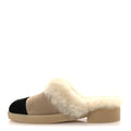 Chanel Suede Shearling CC Cap Toe Mules 39 Beige Black