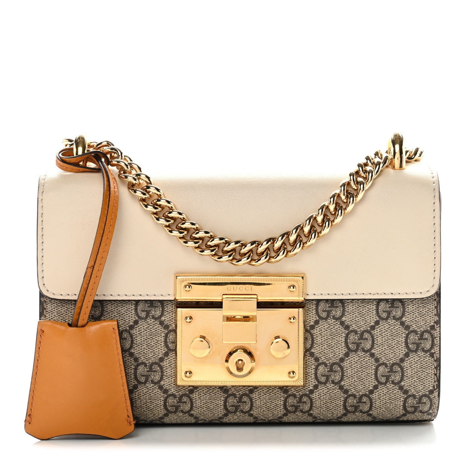 Gucci GG Supreme Monogram Calfskin Small Padlock Shoulder Bag Beige Mystic White Sun Oil