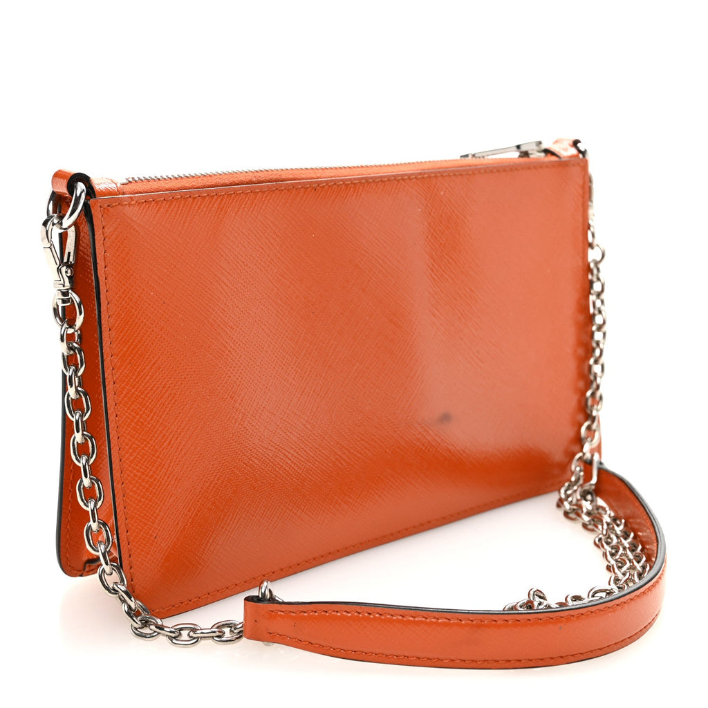 Prada Saffiano Vernice Chain Crossbody Bag Papaya
