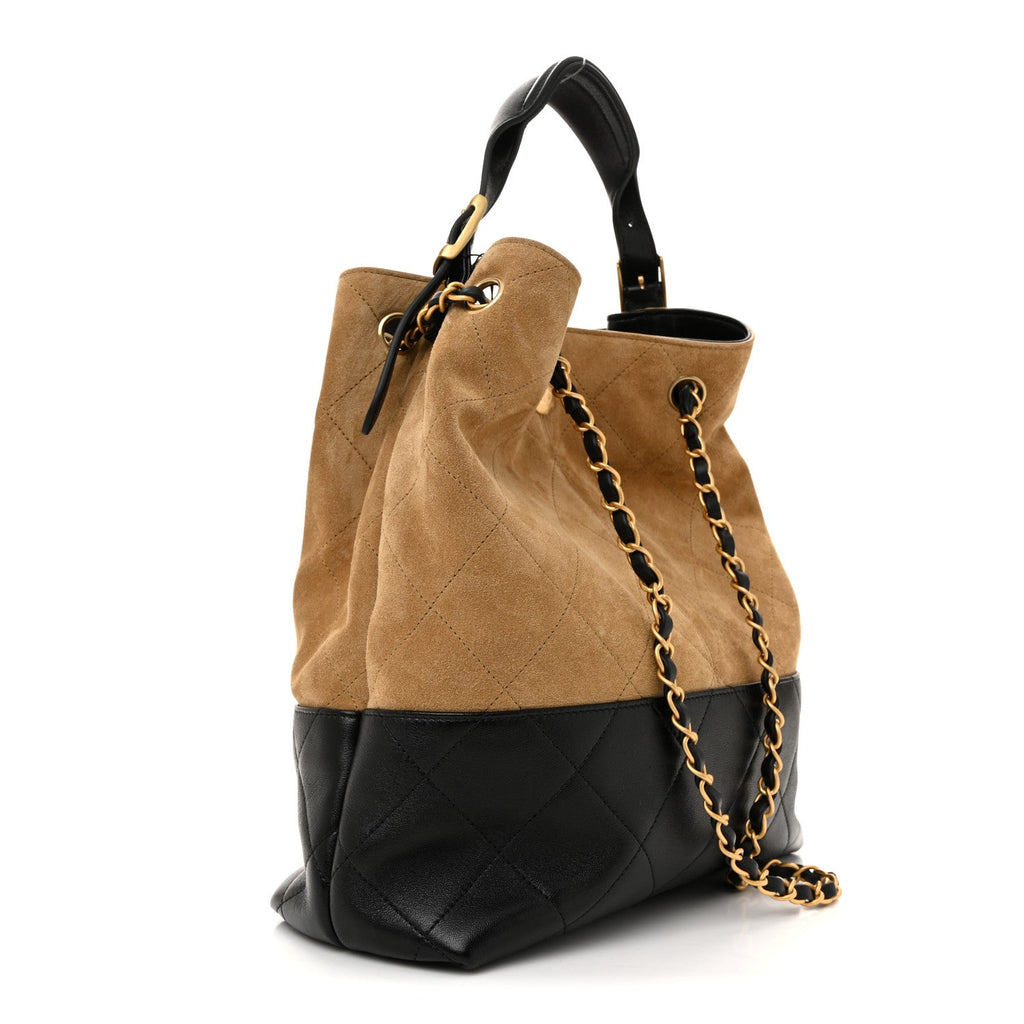 Chanel Suede Calfskin Shiny Lambskin Quilted Coco Base Shopping Bag Beige Black