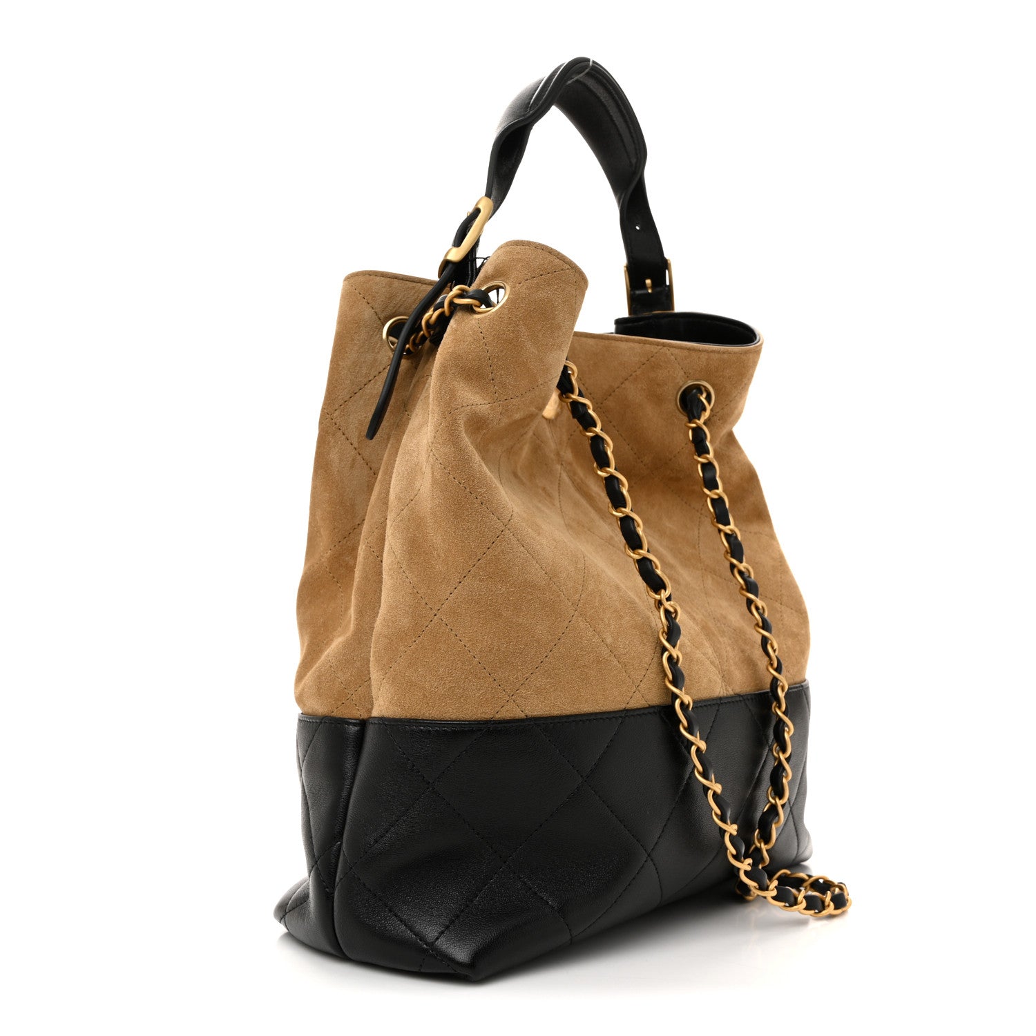 Chanel Suede Calfskin Shiny Lambskin Quilted Coco Base Shopping Bag Beige Black