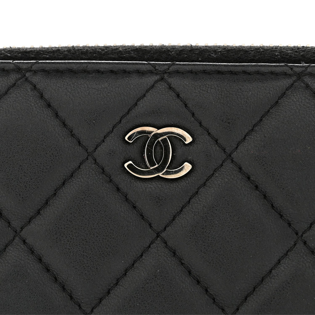 Lambskin Quilted Large Gusset Zip Around Wallet Black