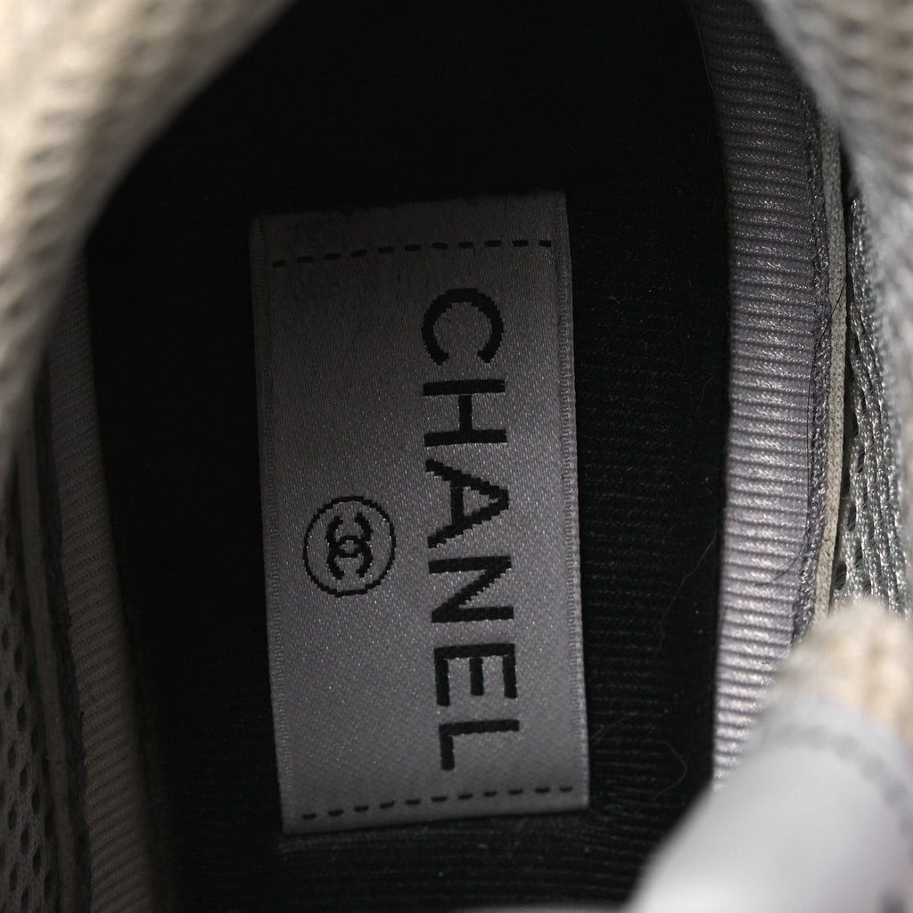 Fabric Laminated Calfskin Stretch CC Womens Sneakers 38.5 White Gold Silver