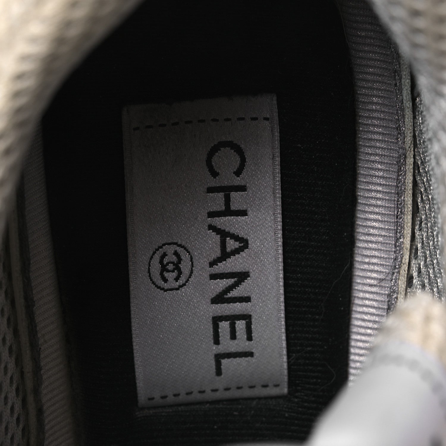 Fabric Laminated Calfskin Stretch CC Womens Sneakers 38.5 White Gold Silver
