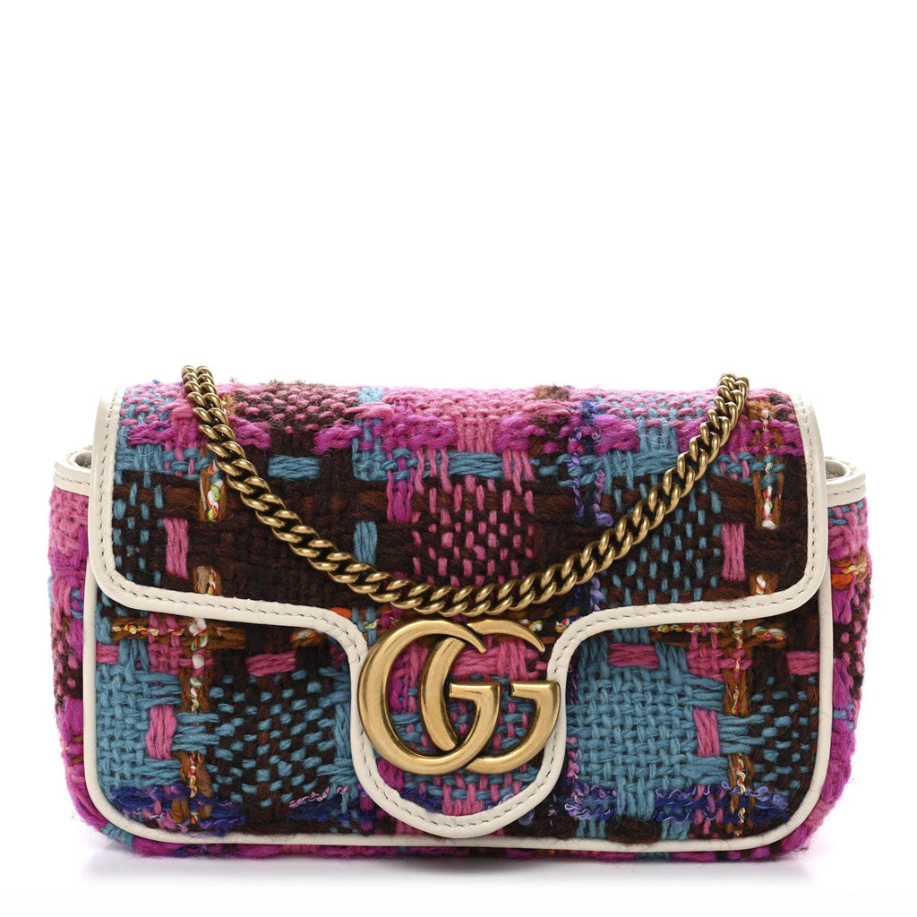 Gucci Tweed Calfskin Spicy Check Super Mini GG Marmont Shoulder Bag Pink Multicolor Mystic White
