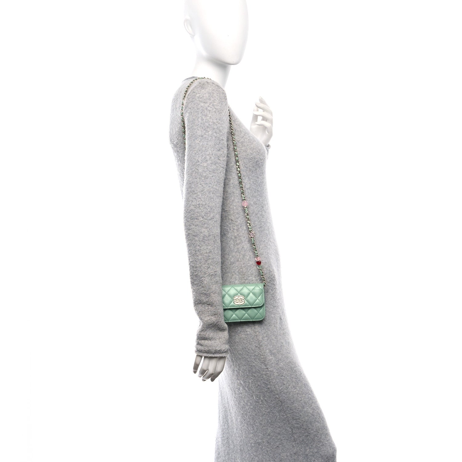 Chanel Lambskin Resin Quilted Mini Heart Flap Light Green