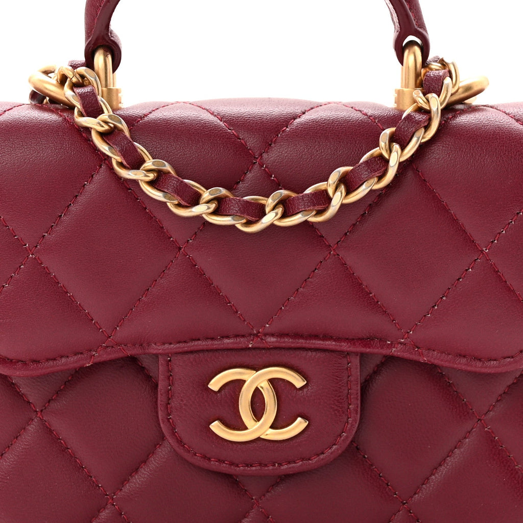 Chanel Lambskin Quilted Top Handle Flap Coin Purse With Chain Burgundy