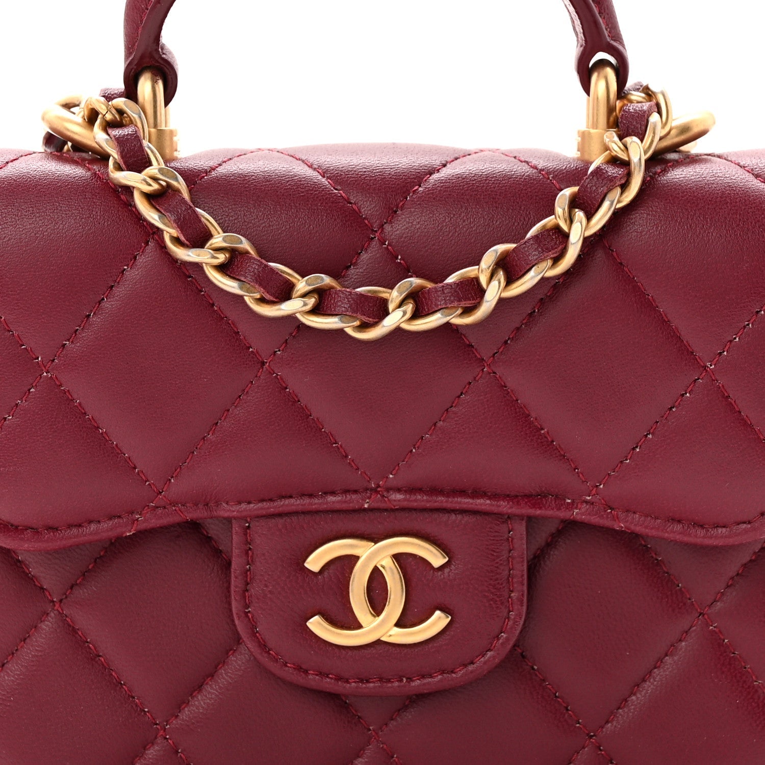 Chanel Lambskin Quilted Top Handle Flap Coin Purse With Chain Burgundy