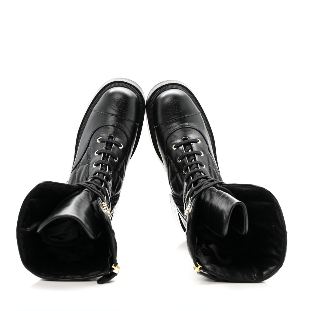 Calfskin Quilted Logo Lace Up Tall Combat Boots 37.5 Black