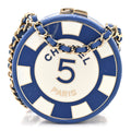 Chanel Lambskin Enamel Quilted Round Poker Chip Clutch With Chain Blue White