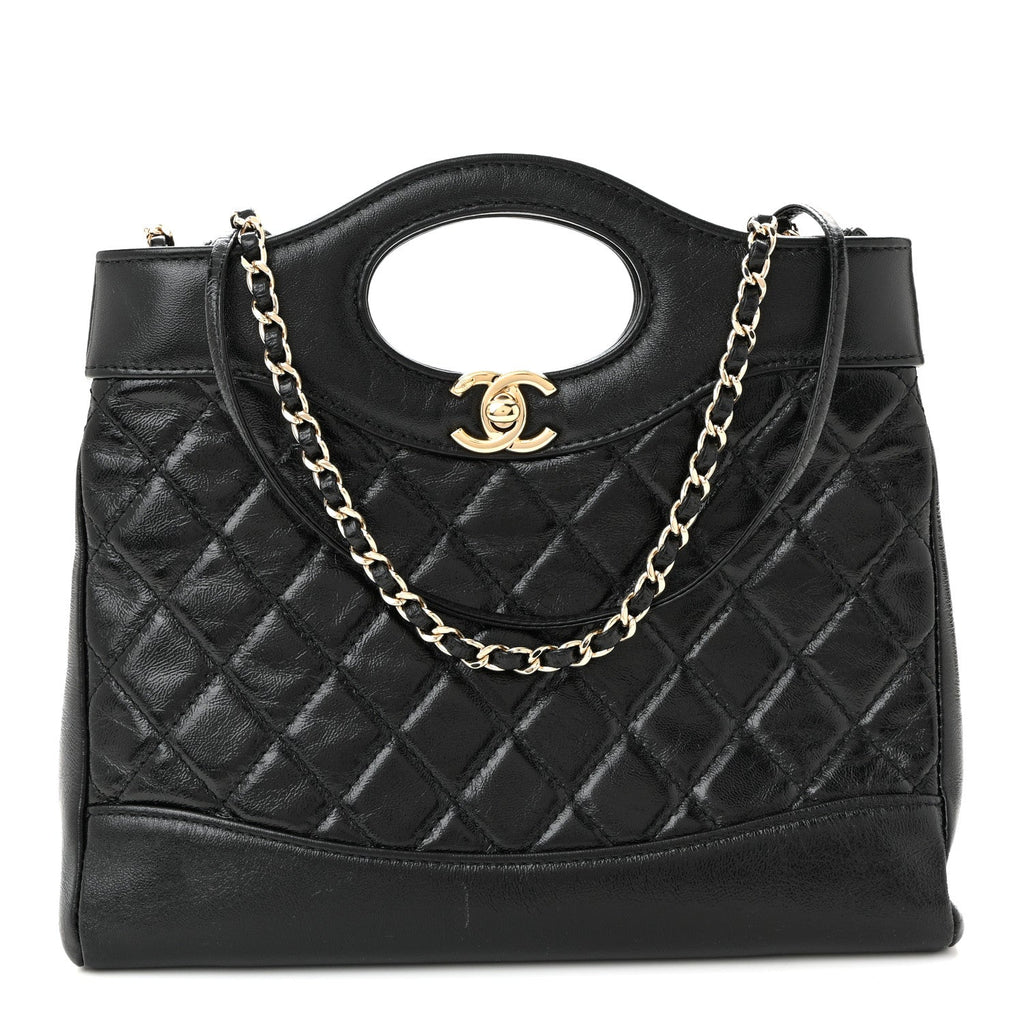 Chanel Shiny Crumpled Calfskin Quilted Mini 31 Shopping Bag Black