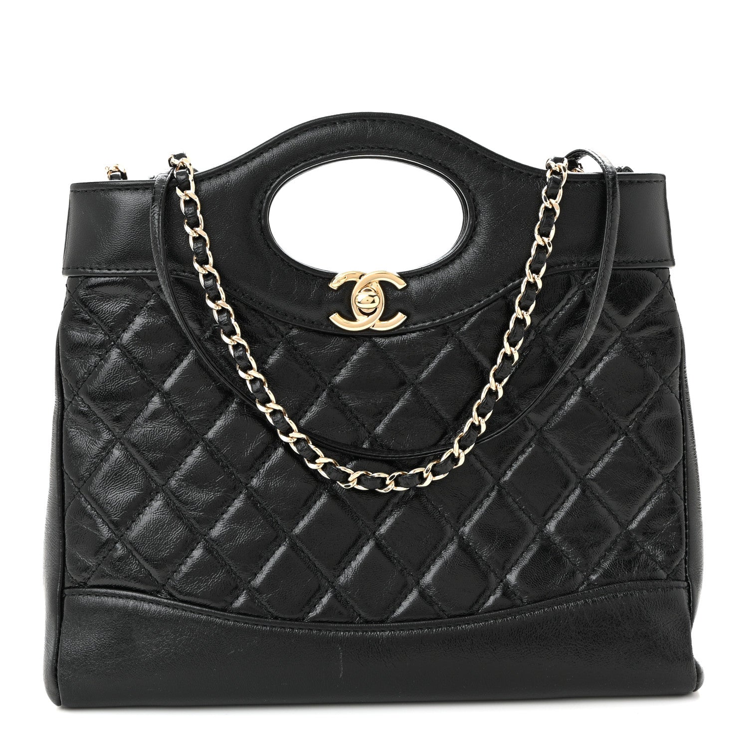 Chanel Shiny Crumpled Calfskin Quilted Mini 31 Shopping Bag Black