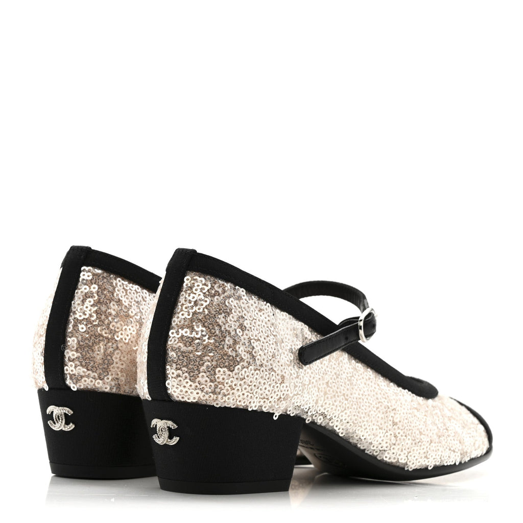 Glittered Tulle Sequin Grosgrain Cap Toe CC Mary Jane Pumps 36.5 Light Pink Black