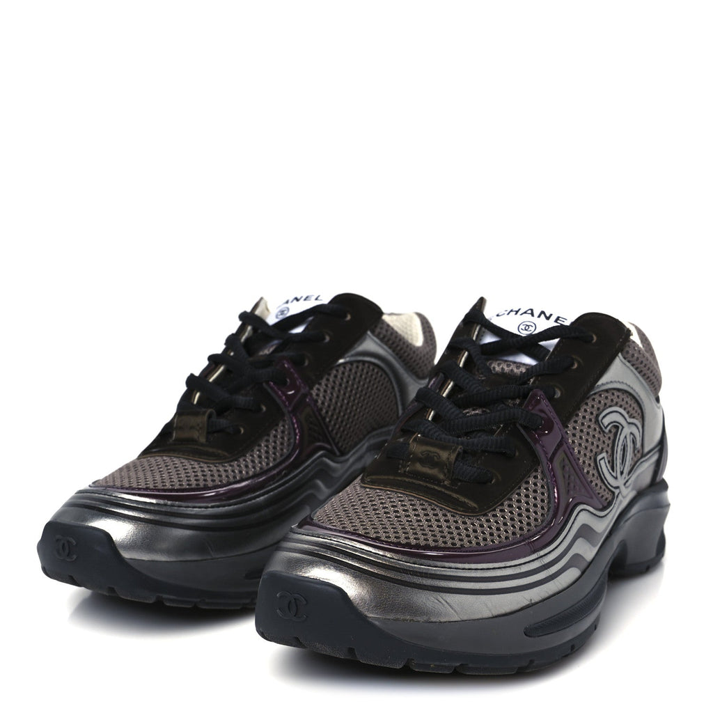 Fabric Laminated Calfskin Stretch CC Womens Sneakers 37 Khaki Silver Dark Purple